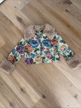 SHEIN Floral Pea Coat with Cream Faux-Shearling Trim